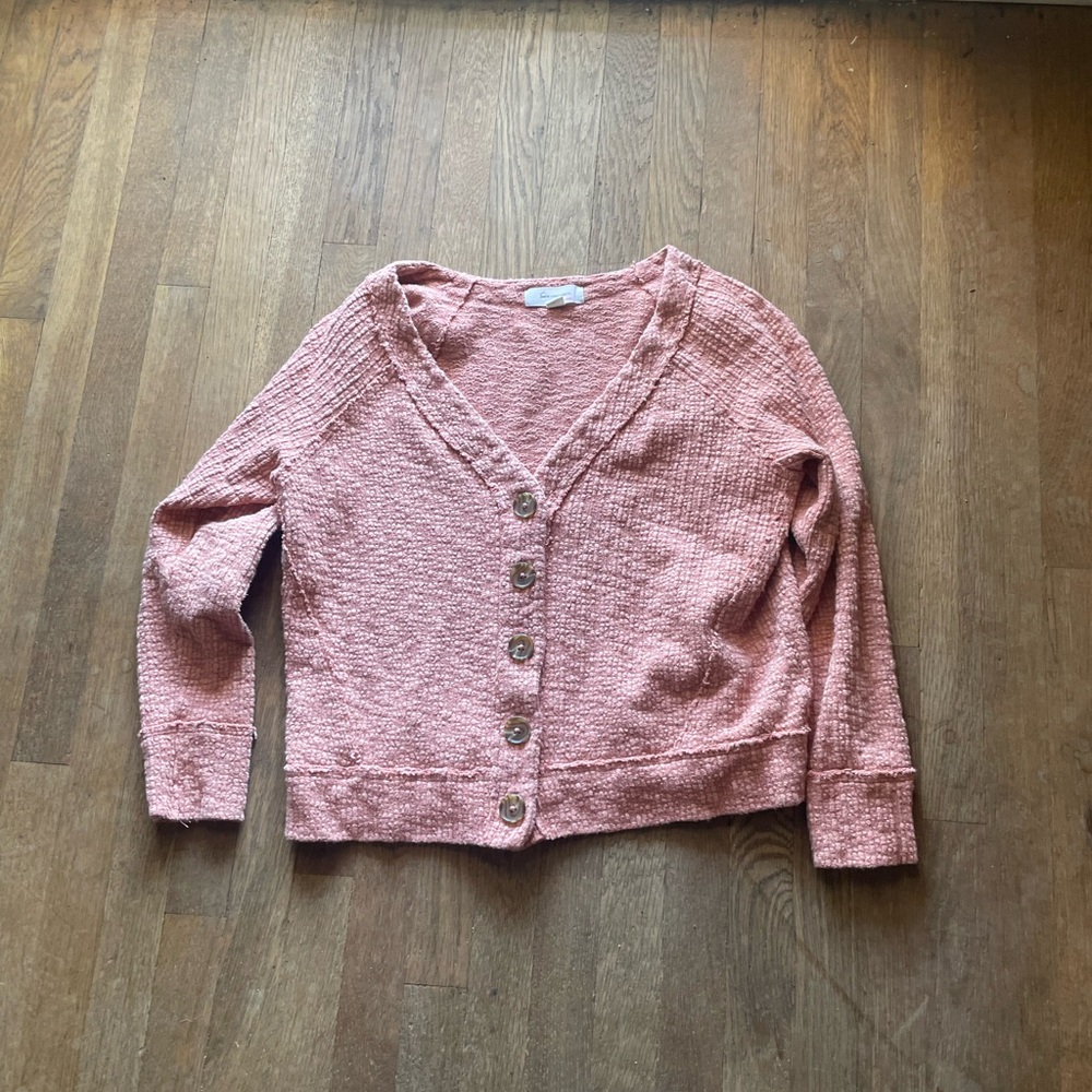 Two by Vince Camuto Waffle-Knit V-Neck Button Cardigan - Dusty Rose Pink